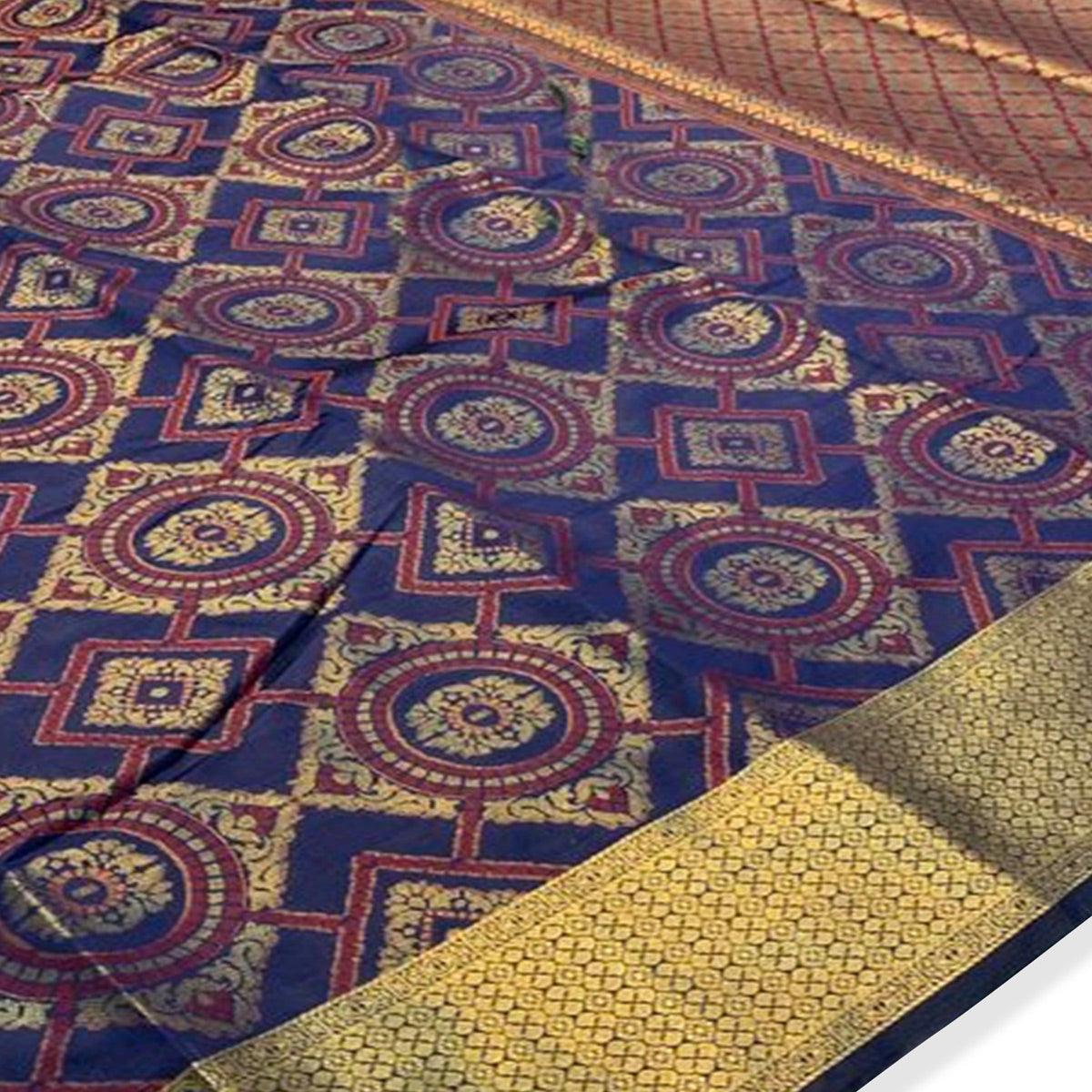 Excellent Navy Blue Colored Festive Wear Woven Silk Saree