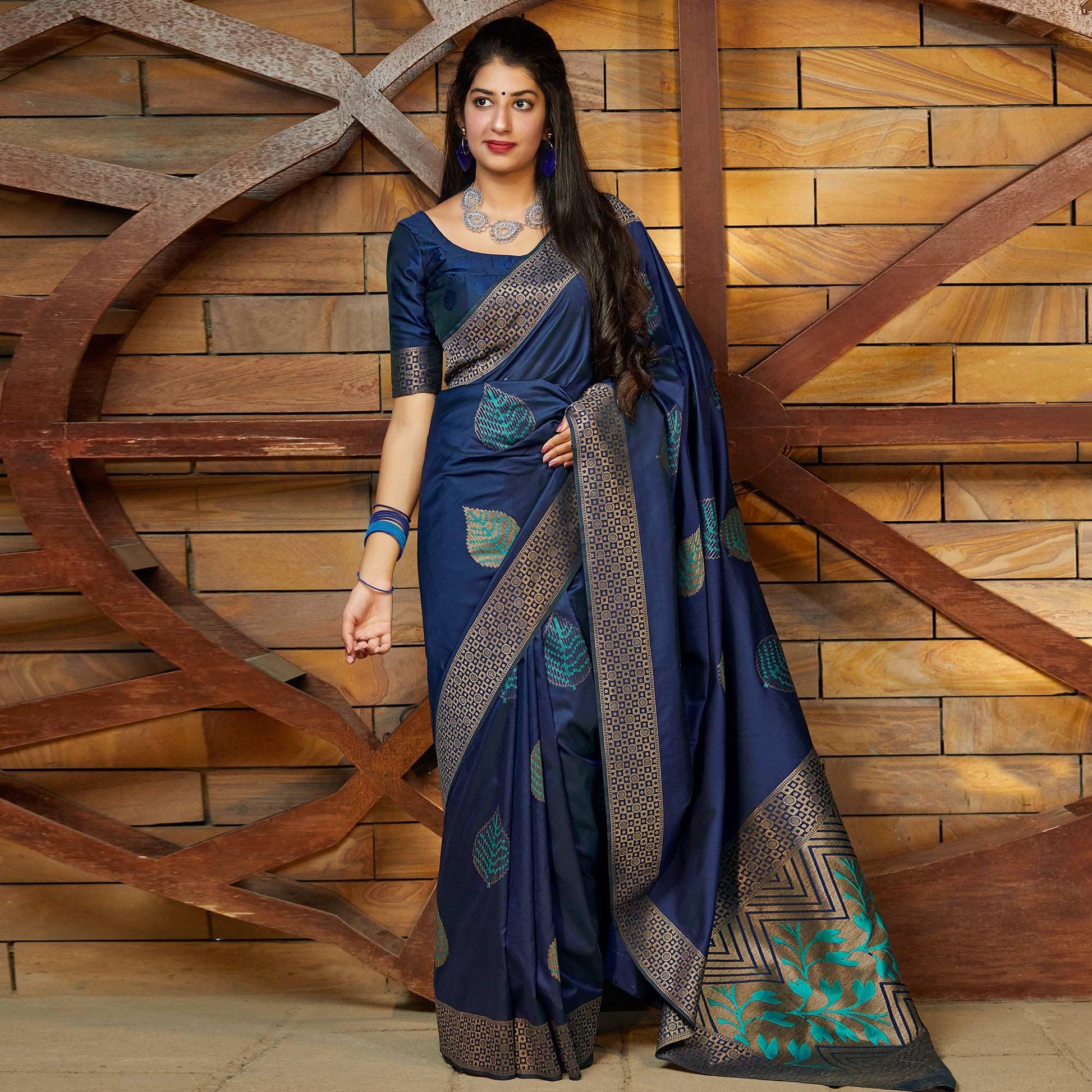 Excellent Navy Blue Colored Festive Wear Woven Soft Silk Saree