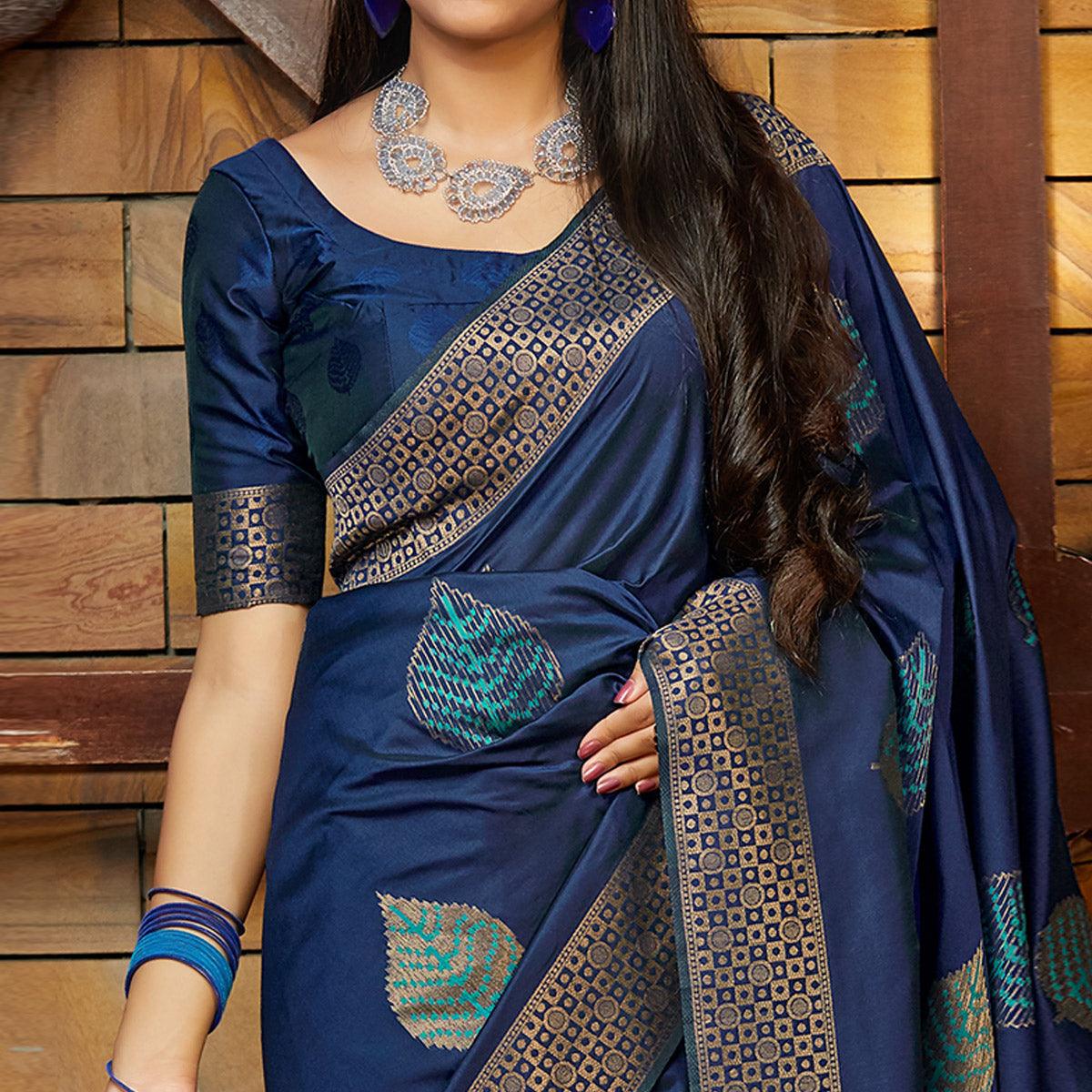 Excellent Navy Blue Colored Festive Wear Woven Soft Silk Saree