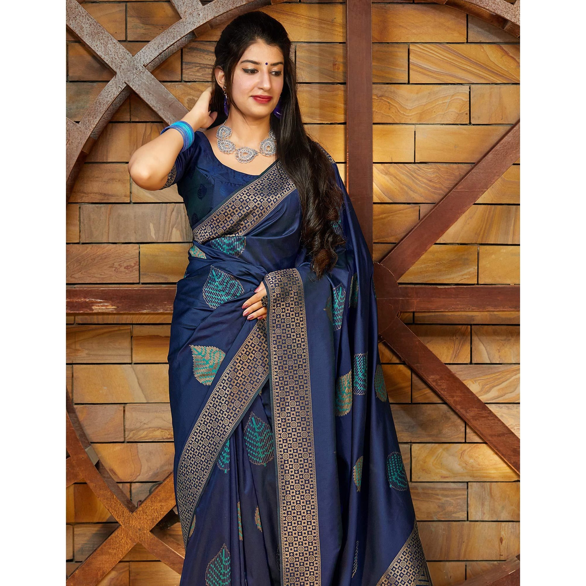 Excellent Navy Blue Colored Festive Wear Woven Soft Silk Saree