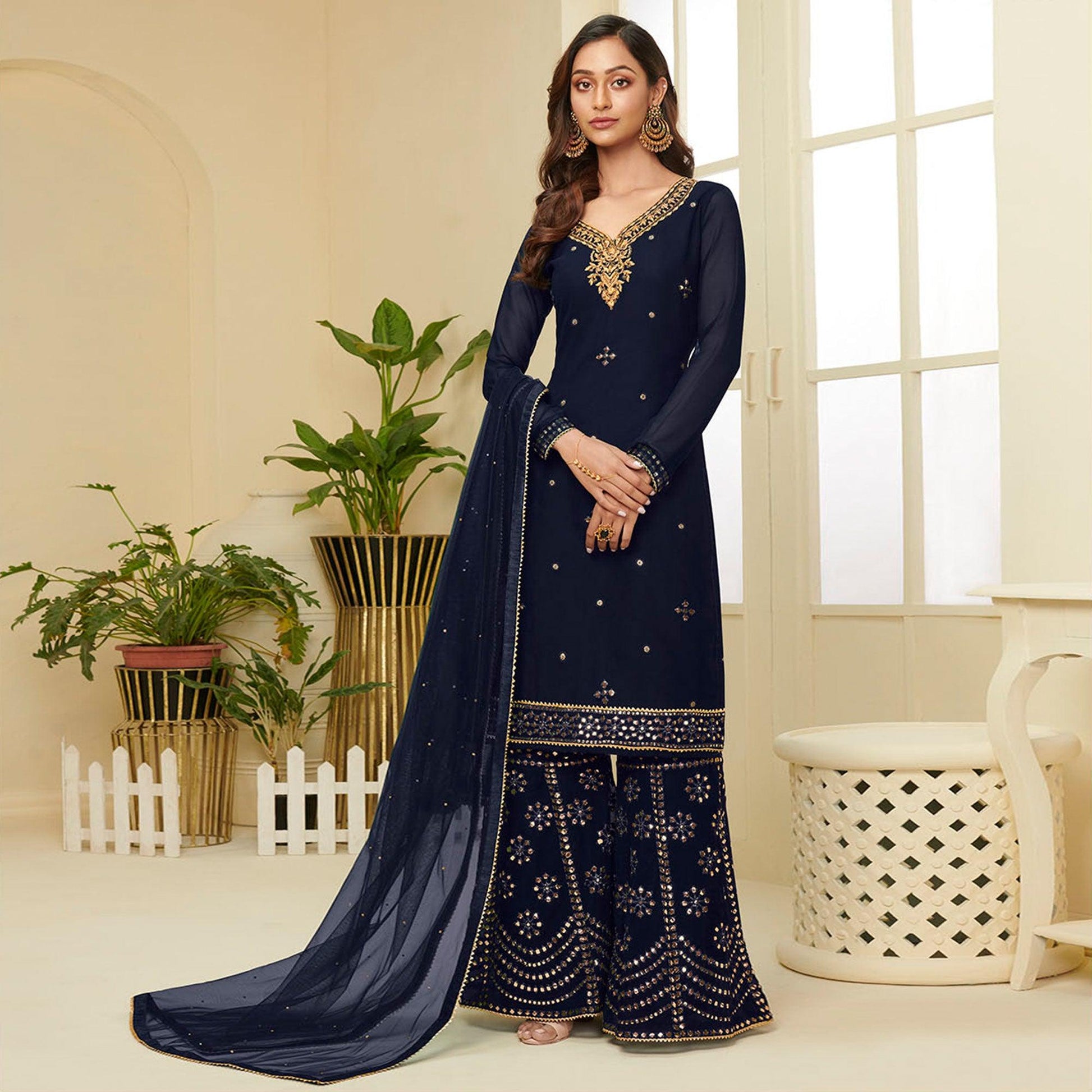 Excellent Navy Blue Coloured Partywear Gota Work Georgette Palazzo Suit