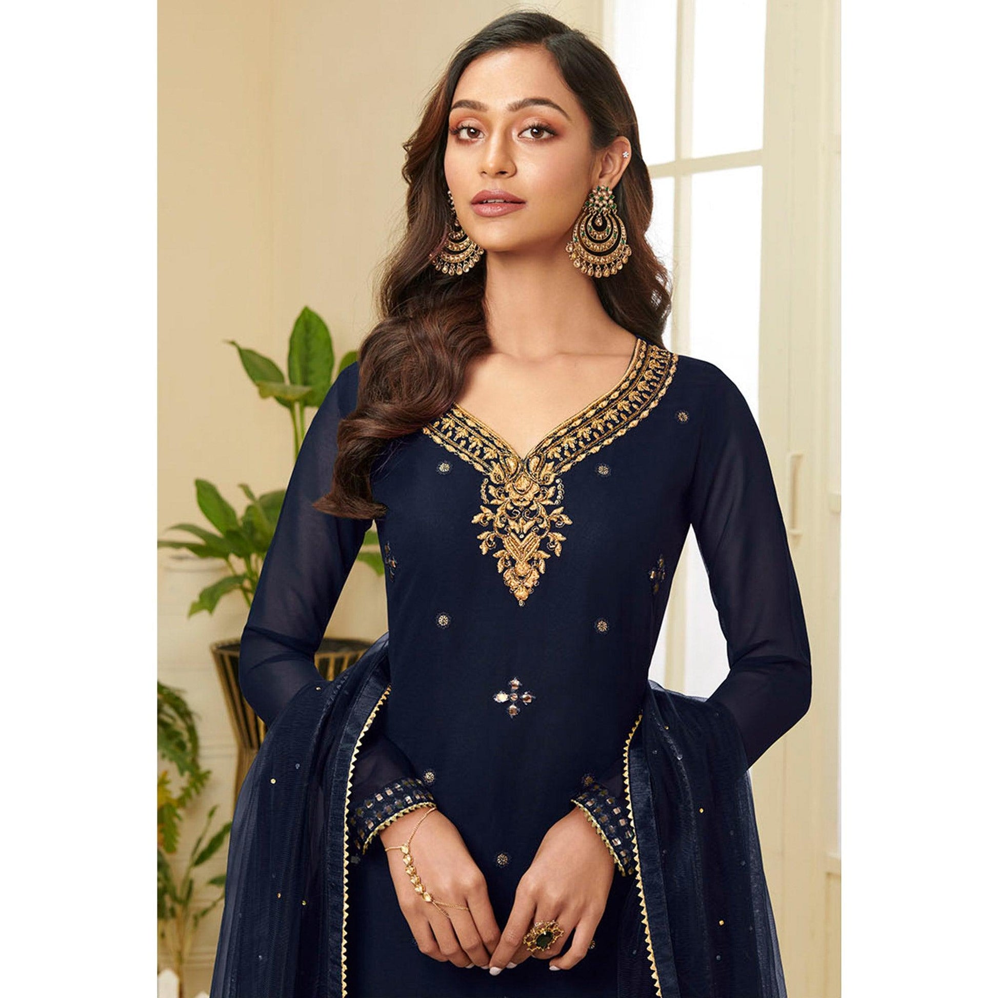 Excellent Navy Blue Coloured Partywear Gota Work Georgette Palazzo Suit
