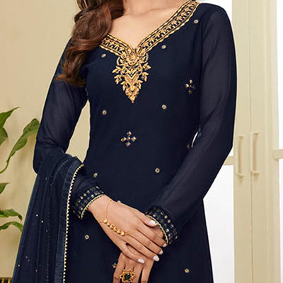 Excellent Navy Blue Coloured Partywear Gota Work Georgette Palazzo Suit