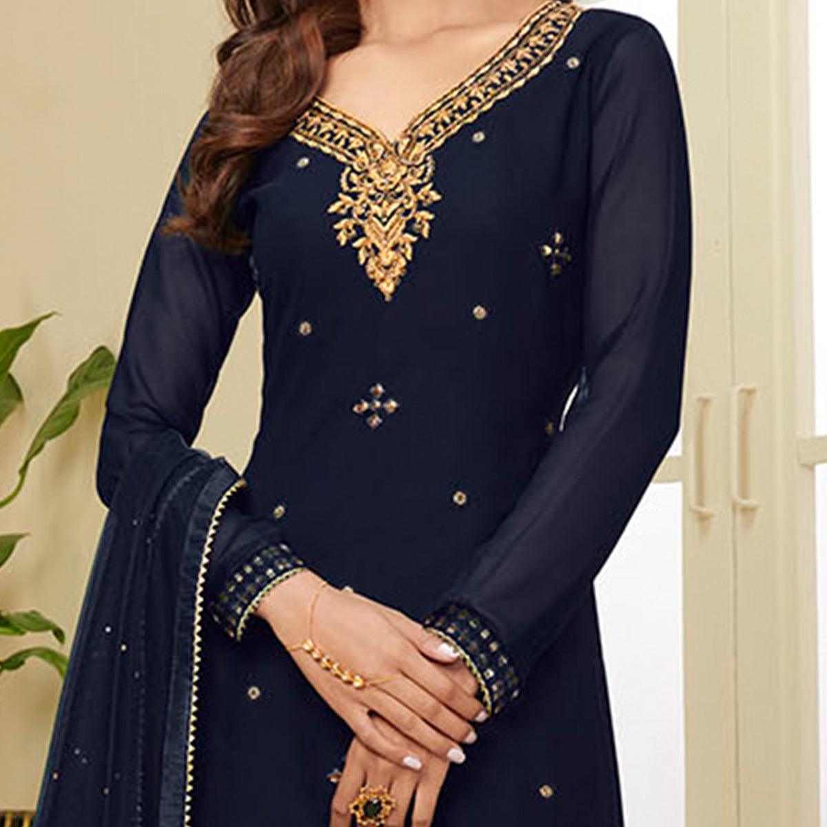 Excellent Navy Blue Coloured Partywear Gota Work Georgette Palazzo Suit