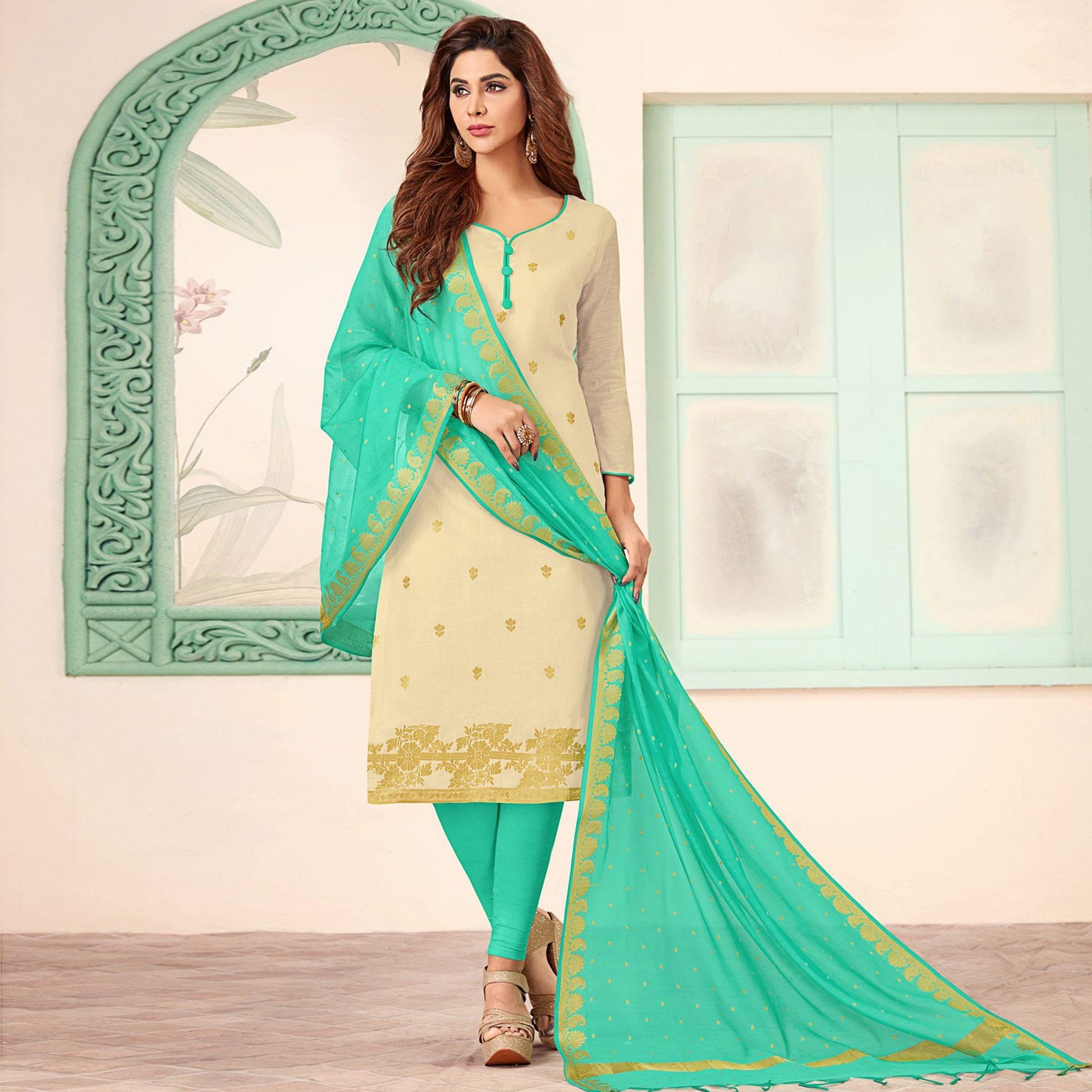 Excellent Off White Colored Casual Wear Woven Banarasi Silk Dress Material