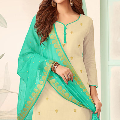 Excellent Off White Colored Casual Wear Woven Banarasi Silk Dress Material