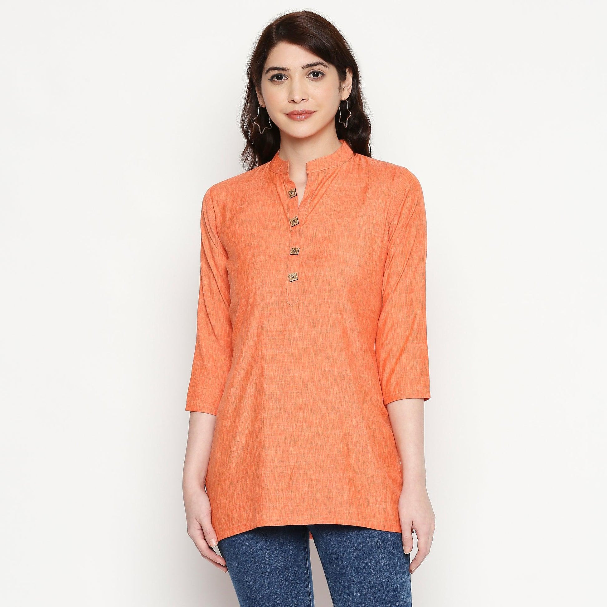 Excellent Orange Colored Casual Wear Solid Cotton Western Top