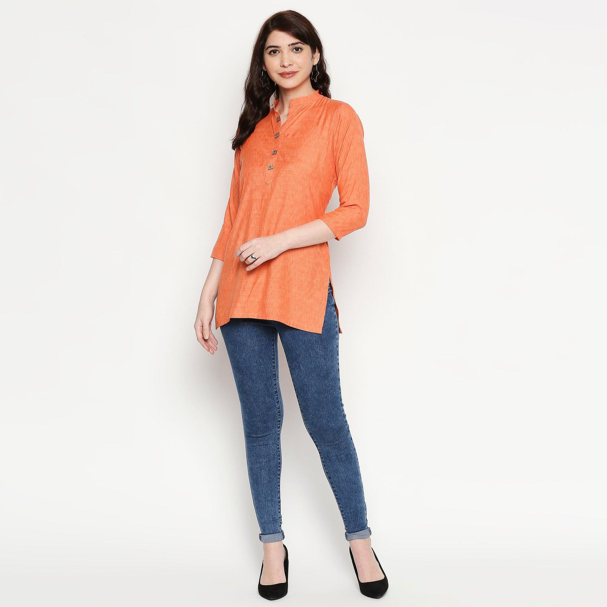 Excellent Orange Colored Casual Wear Solid Cotton Western Top