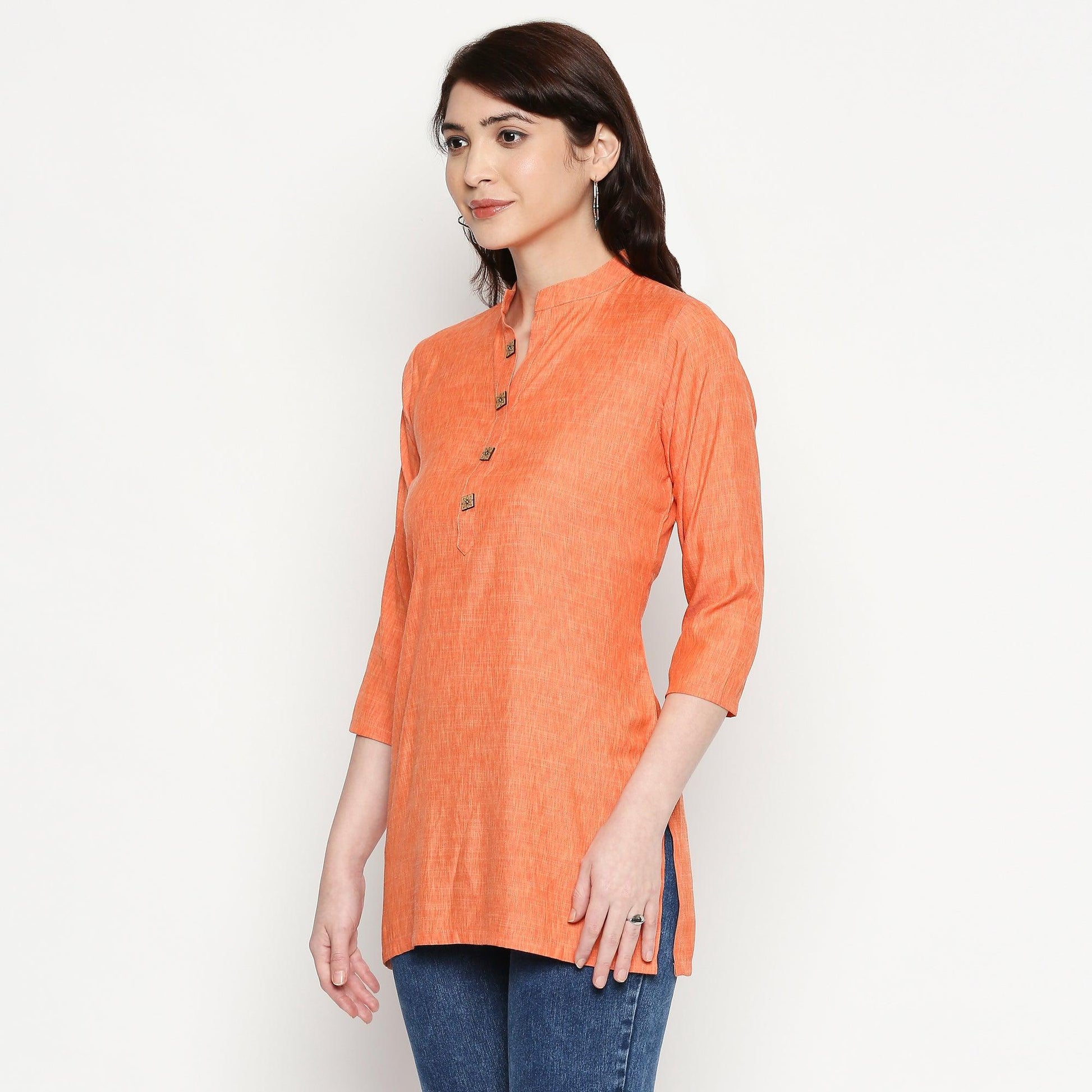 Excellent Orange Colored Casual Wear Solid Cotton Western Top