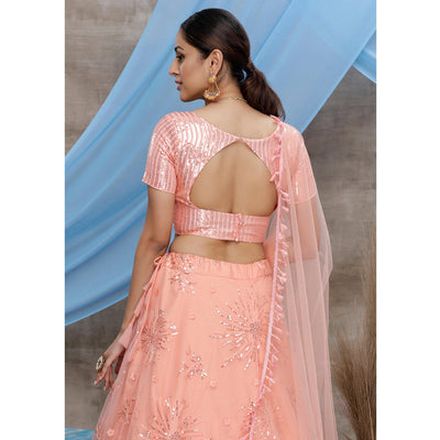 Excellent Orange Colored Designer Partywear Embroidered Net Lehenga Choli