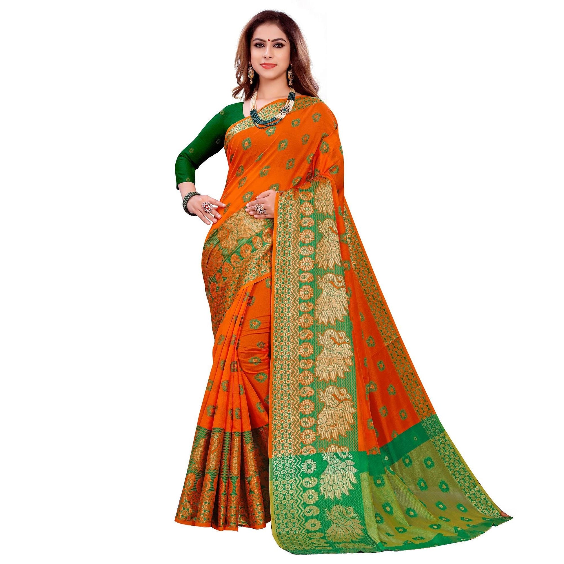 Excellent Orange Colored Festive Wear Woven Art Silk Saree