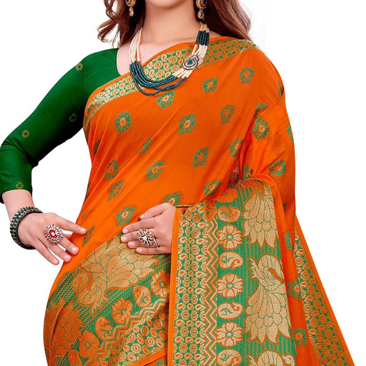 Excellent Orange Colored Festive Wear Woven Art Silk Saree