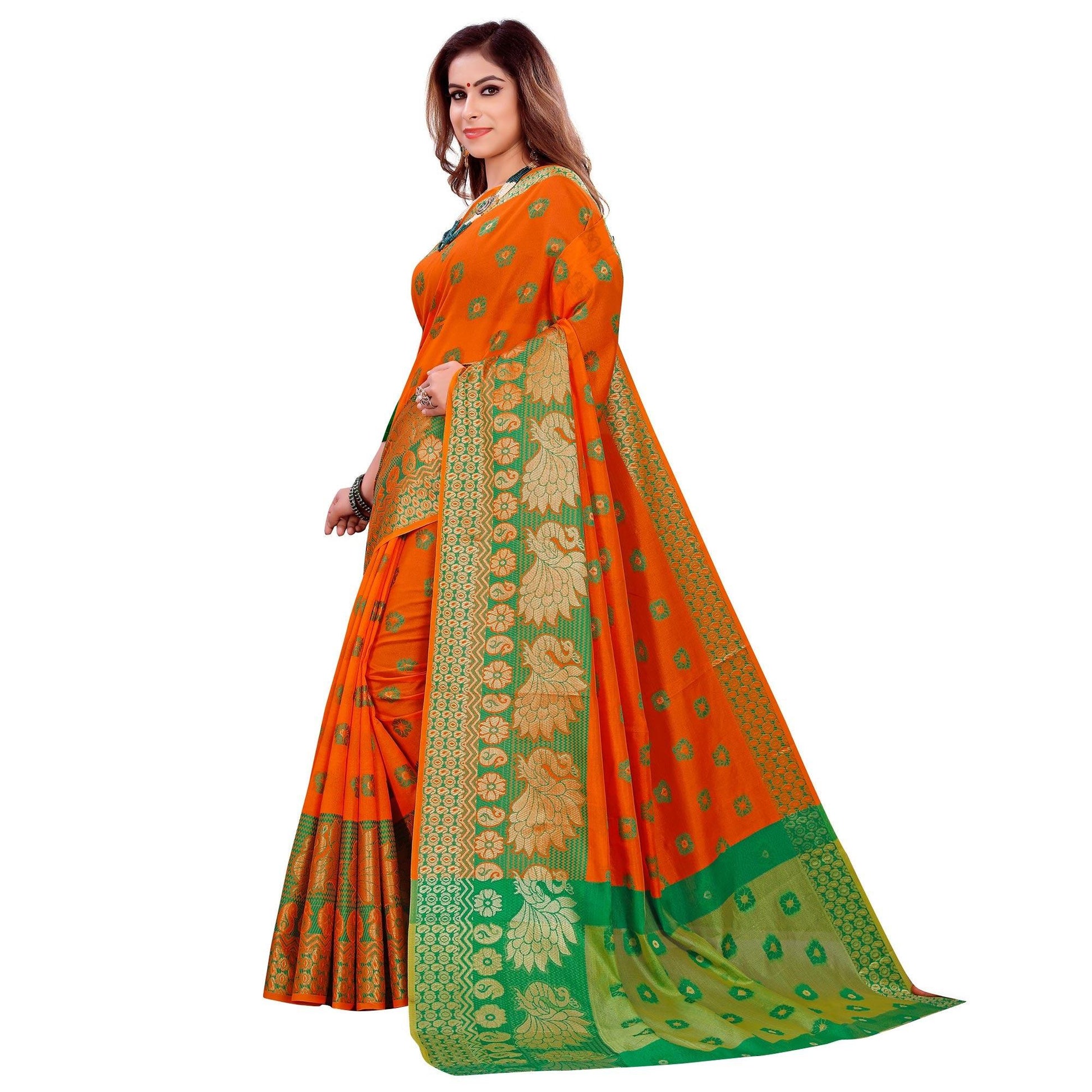 Excellent Orange Colored Festive Wear Woven Art Silk Saree