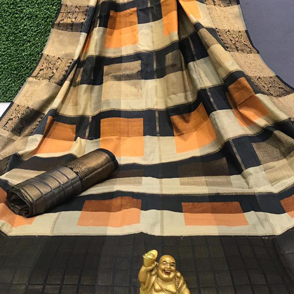 Excellent Orange - Multi Colored Festive Wear Woven Soft Cotton Saree