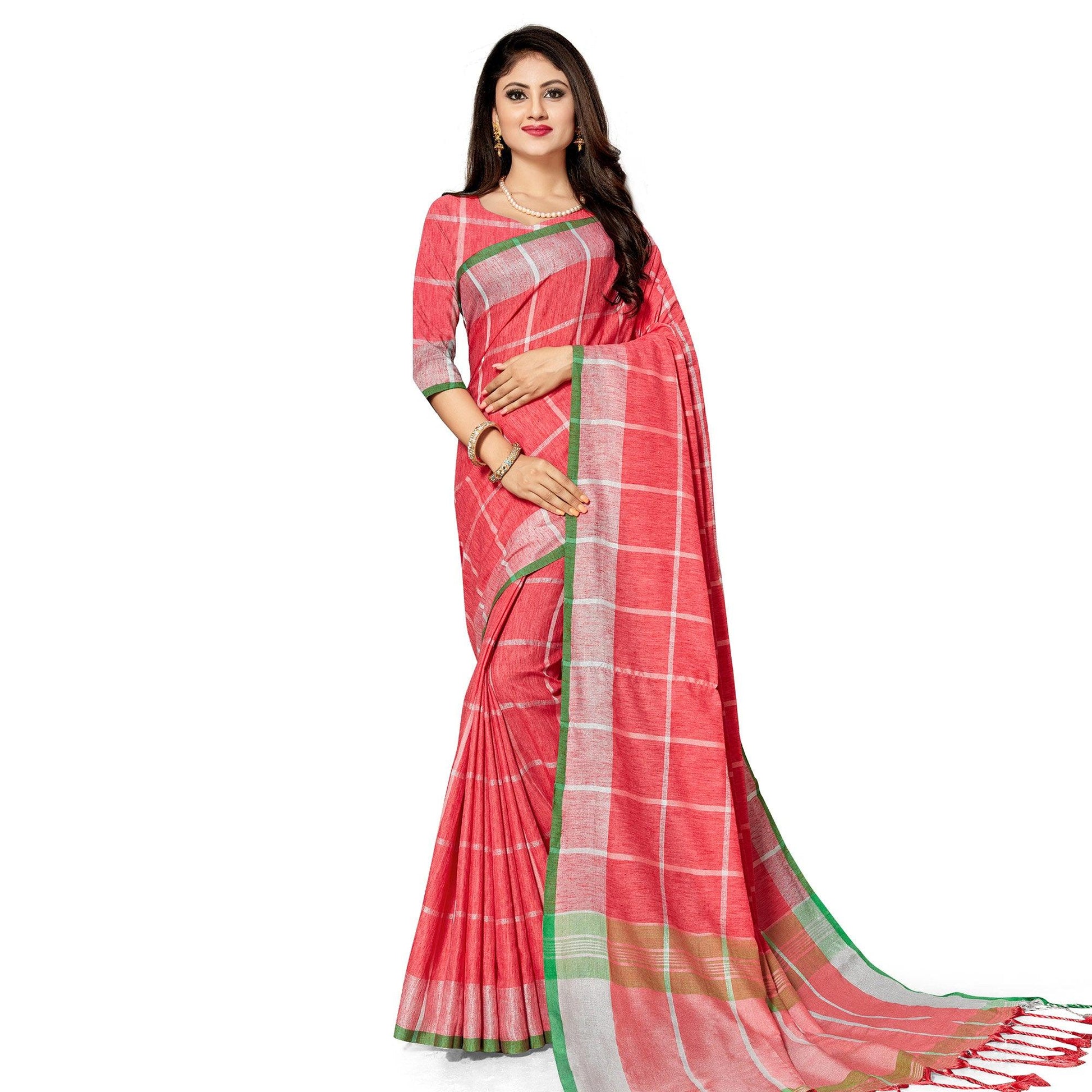 Excellent Peach Colored Fesive Wear Stripe Print Cotton Silk Saree With Tassels