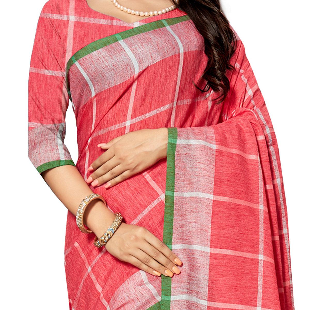 Excellent Peach Colored Fesive Wear Stripe Print Cotton Silk Saree With Tassels
