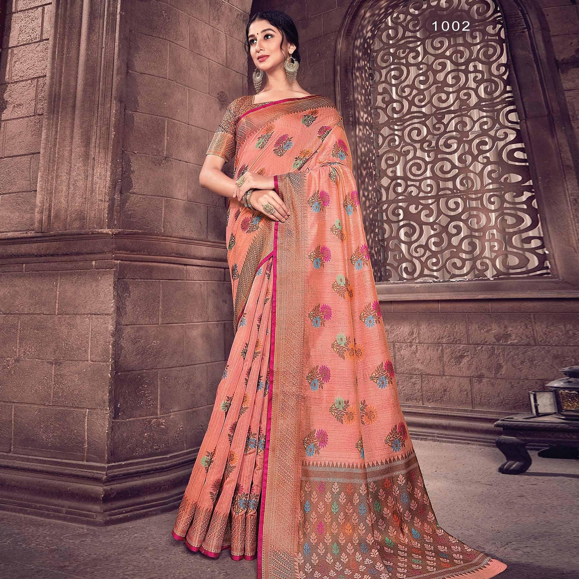 Excellent Peach Colored Festive Wear Woven Handloom Silk Saree