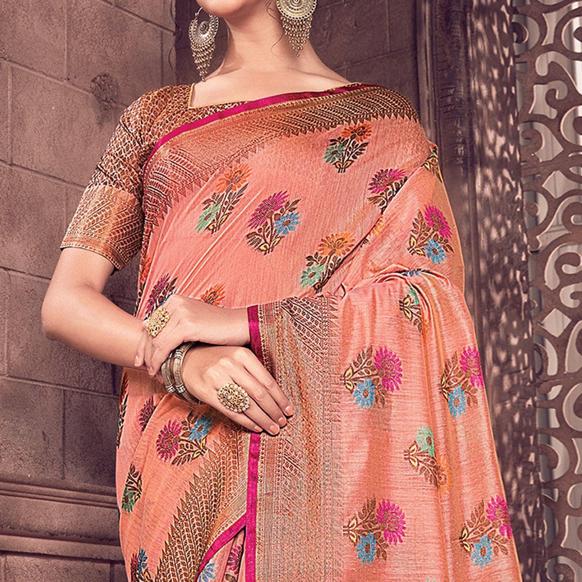 Excellent Peach Colored Festive Wear Woven Handloom Silk Saree