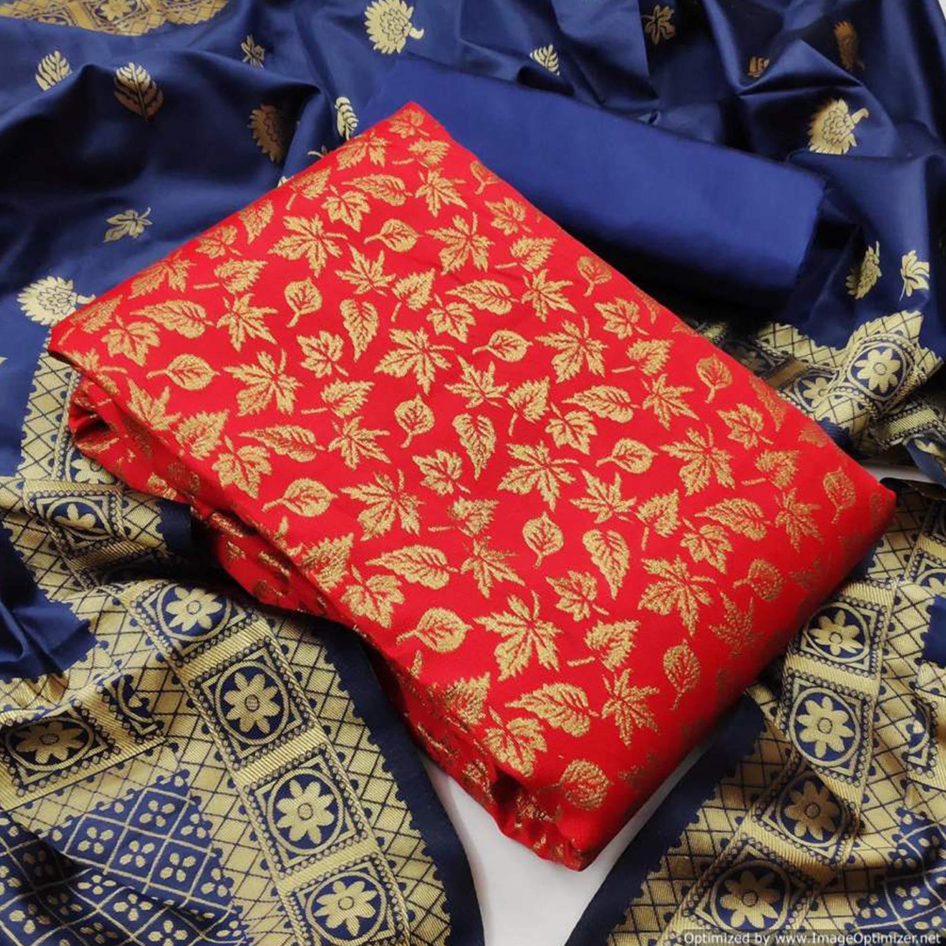 Excellent Red Colored Casual Wear Banarasi Silk Dress Material
