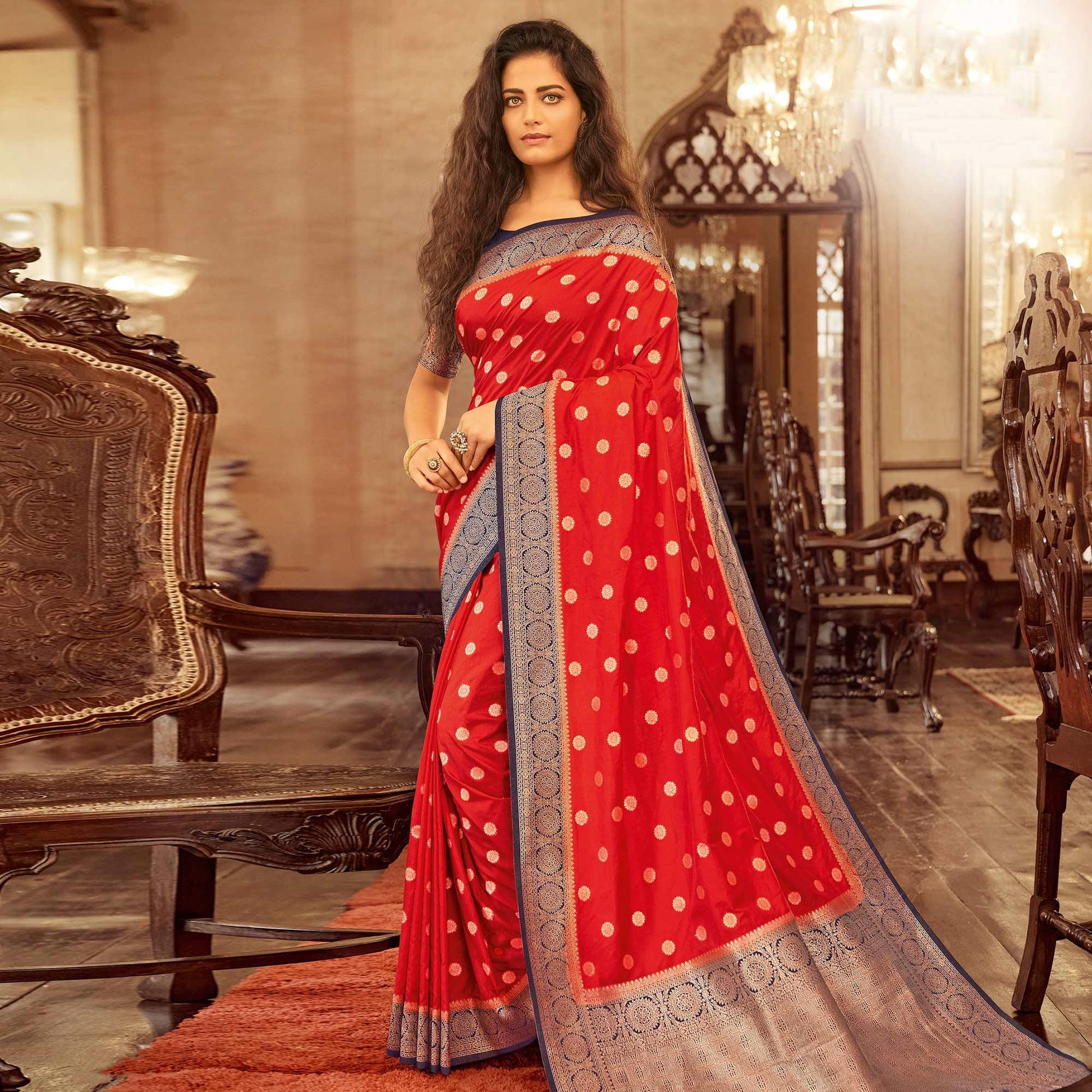 Excellent Red Colored Festive Wear Woven Chanderi Cotton Saree
