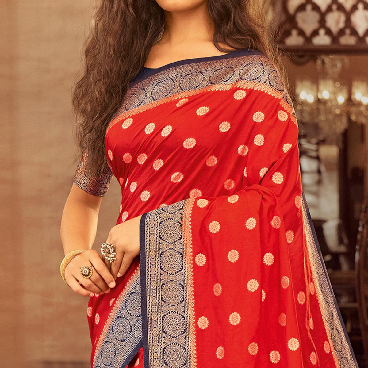 Excellent Red Colored Festive Wear Woven Chanderi Cotton Saree