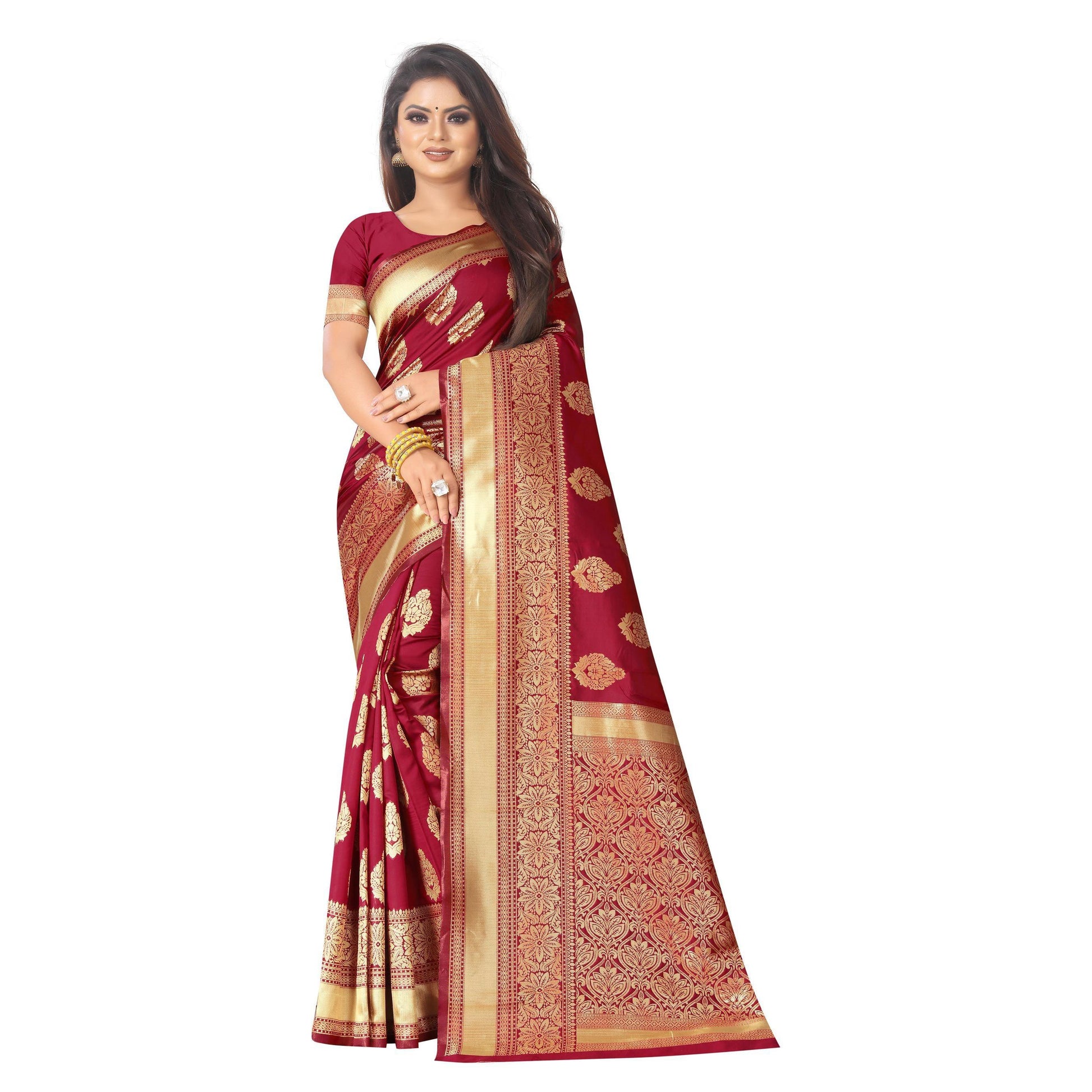 Excellent Red Colored Festive Wear Woven Lichi Silk Saree
