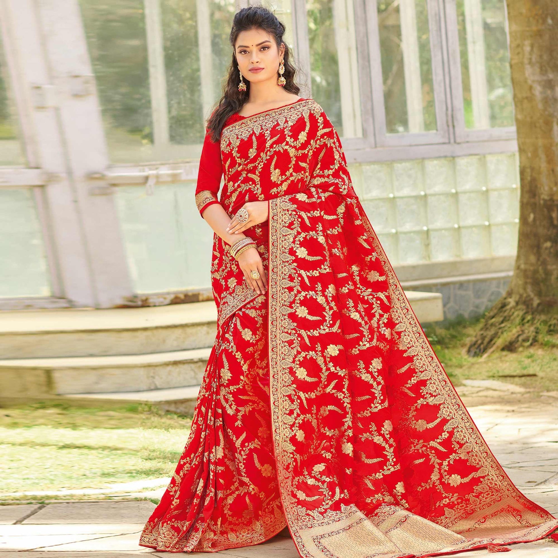 Excellent Red Colored Festive Wear Woven Silk Saree