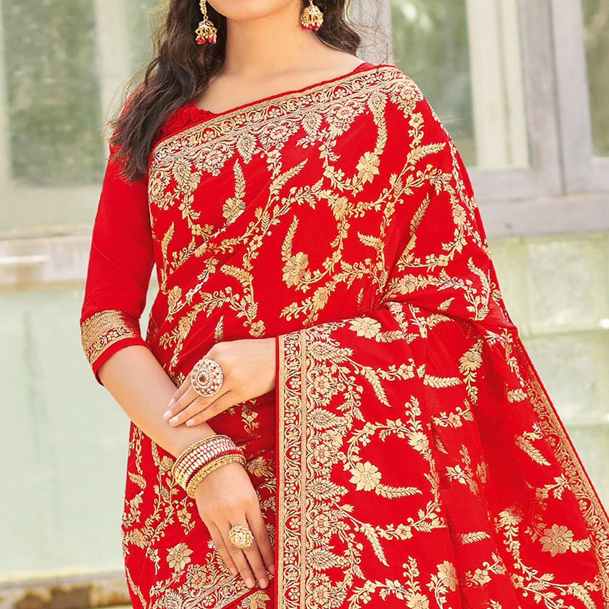 Excellent Red Colored Festive Wear Woven Silk Saree
