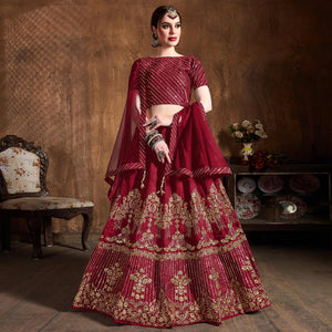 Excellent Red Colored Partywear Embroidered Banglori Silk Lehenga