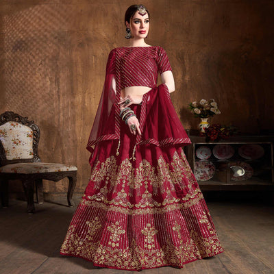 Excellent Red Colored Partywear Embroidered Banglori Silk Lehenga