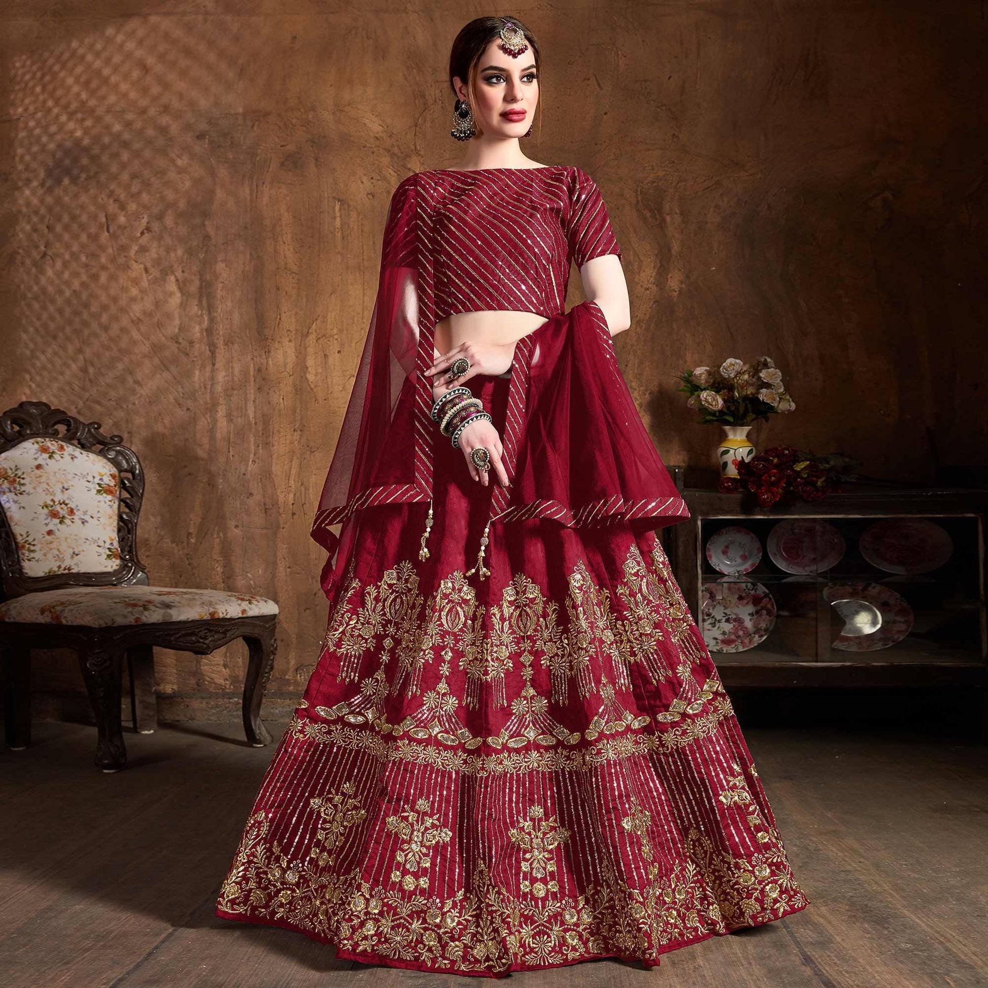 Excellent Red Colored Partywear Embroidered Banglori Silk Lehenga