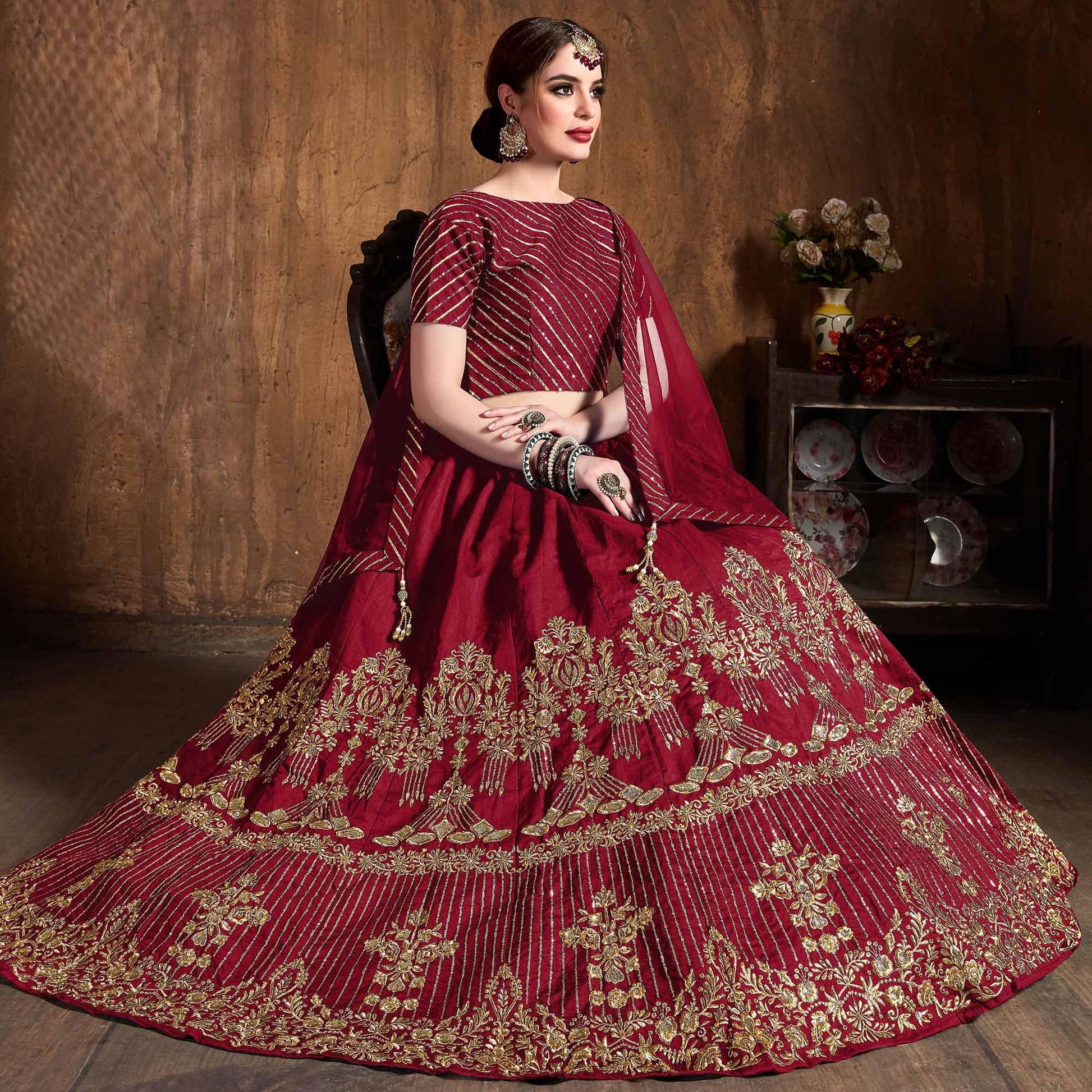 Excellent Red Colored Partywear Embroidered Banglori Silk Lehenga