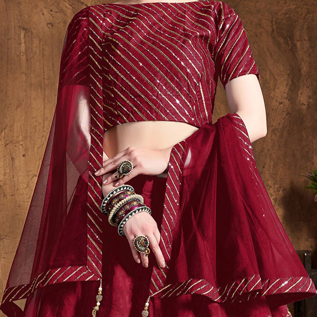 Excellent Red Colored Partywear Embroidered Banglori Silk Lehenga