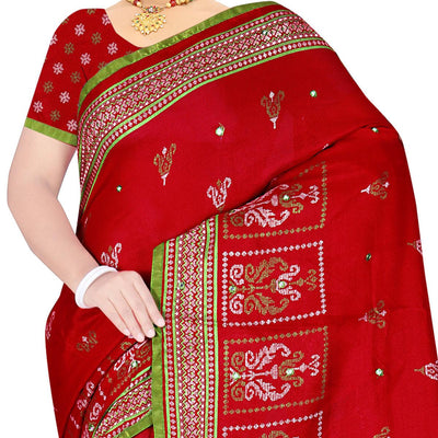 Excellent Red Coloured Casual Wear Woven Cotton Jute Saree