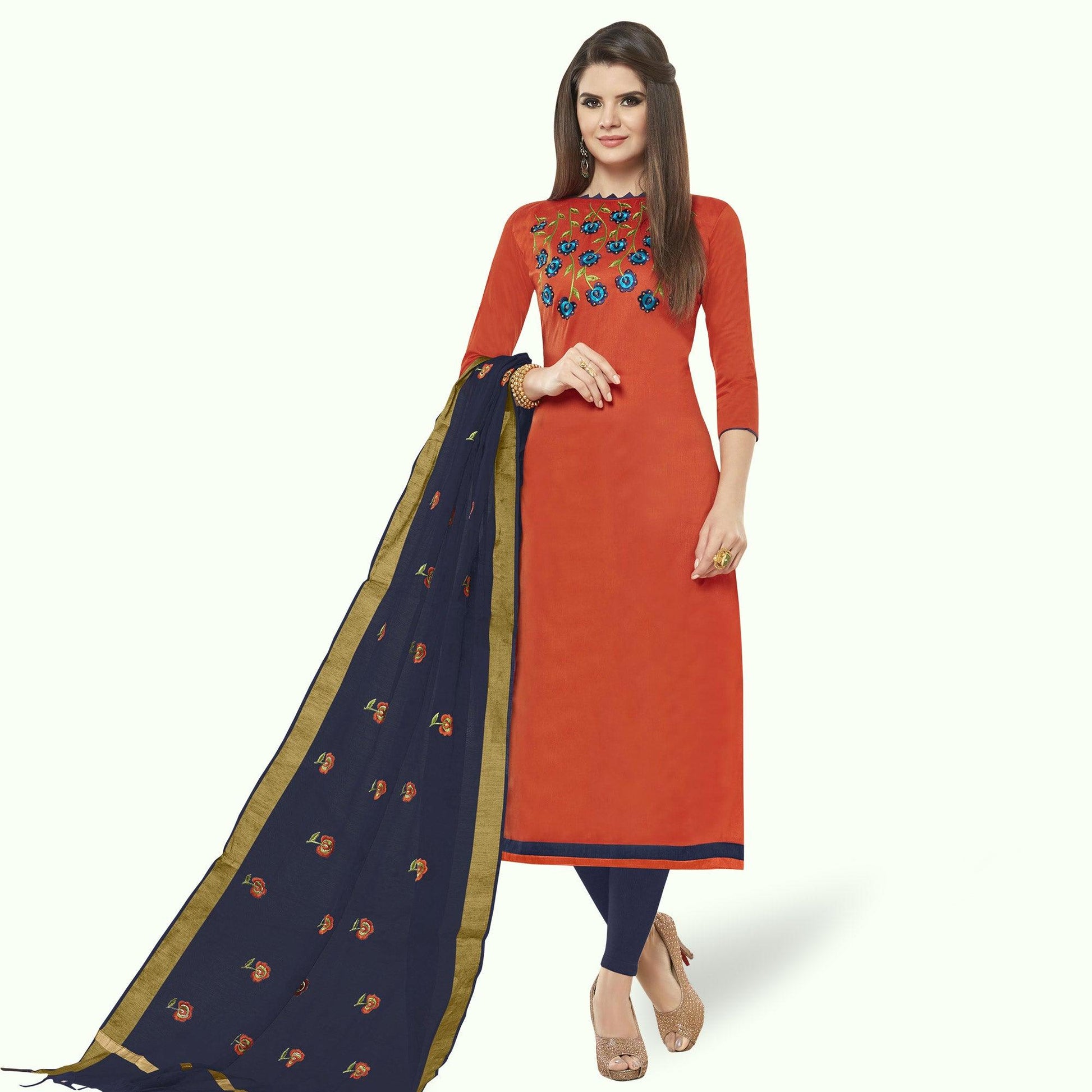 Excellent Rust Orange Colored Casual Wear Embroidered Cotton Dress Material