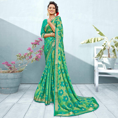Excellent Sea Green Coloured Partywear Floral Printed Chiffon Brasso Saree