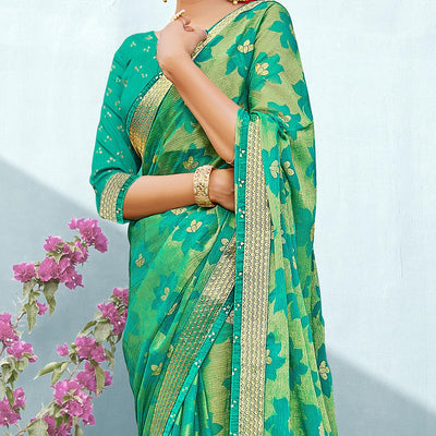Excellent Sea Green Coloured Partywear Floral Printed Chiffon Brasso Saree