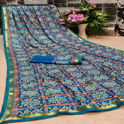 Excellent Turquoise Blue Colored Festive Wear Woven Moss Georgette Saree