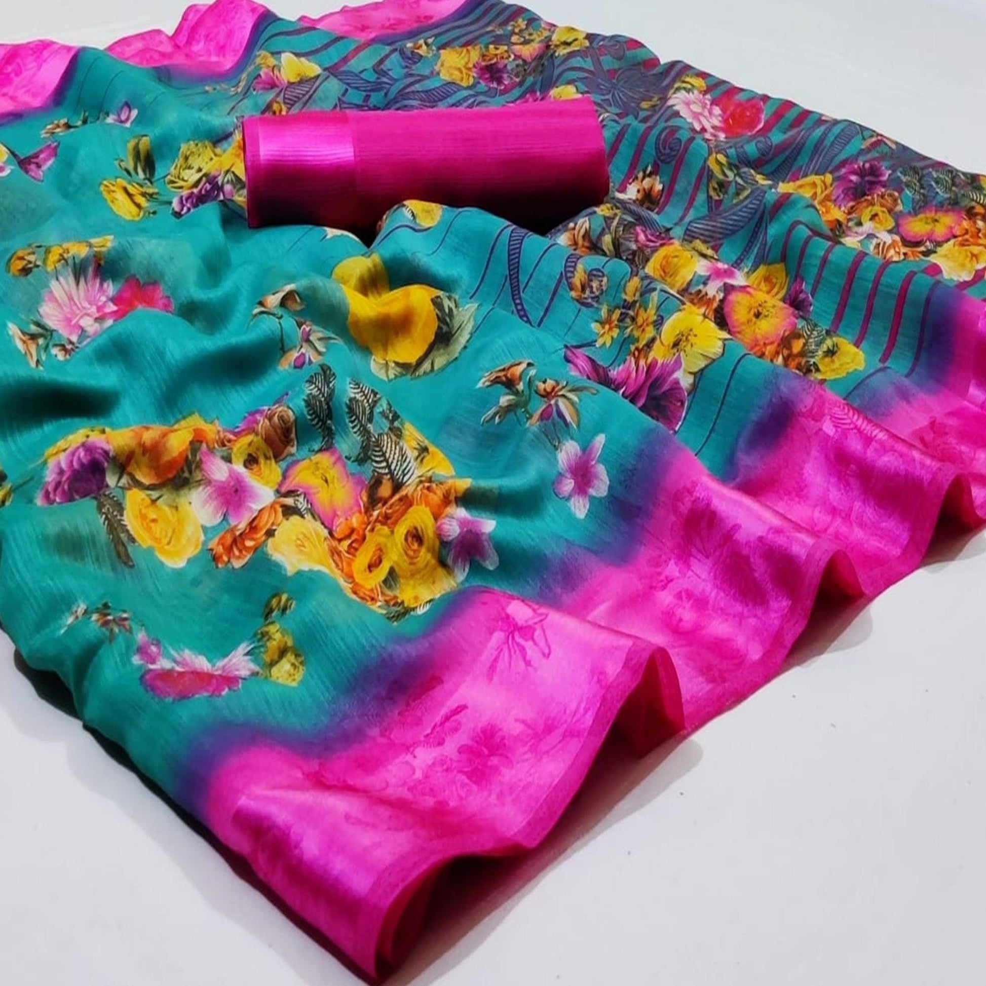 Excellent Turquoise Green Colored Casual Wear Fancy Printed Linen Saree