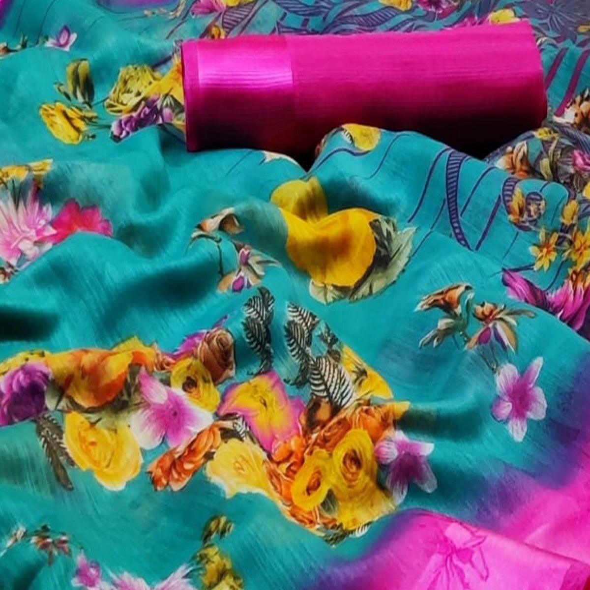 Excellent Turquoise Green Colored Casual Wear Fancy Printed Linen Saree