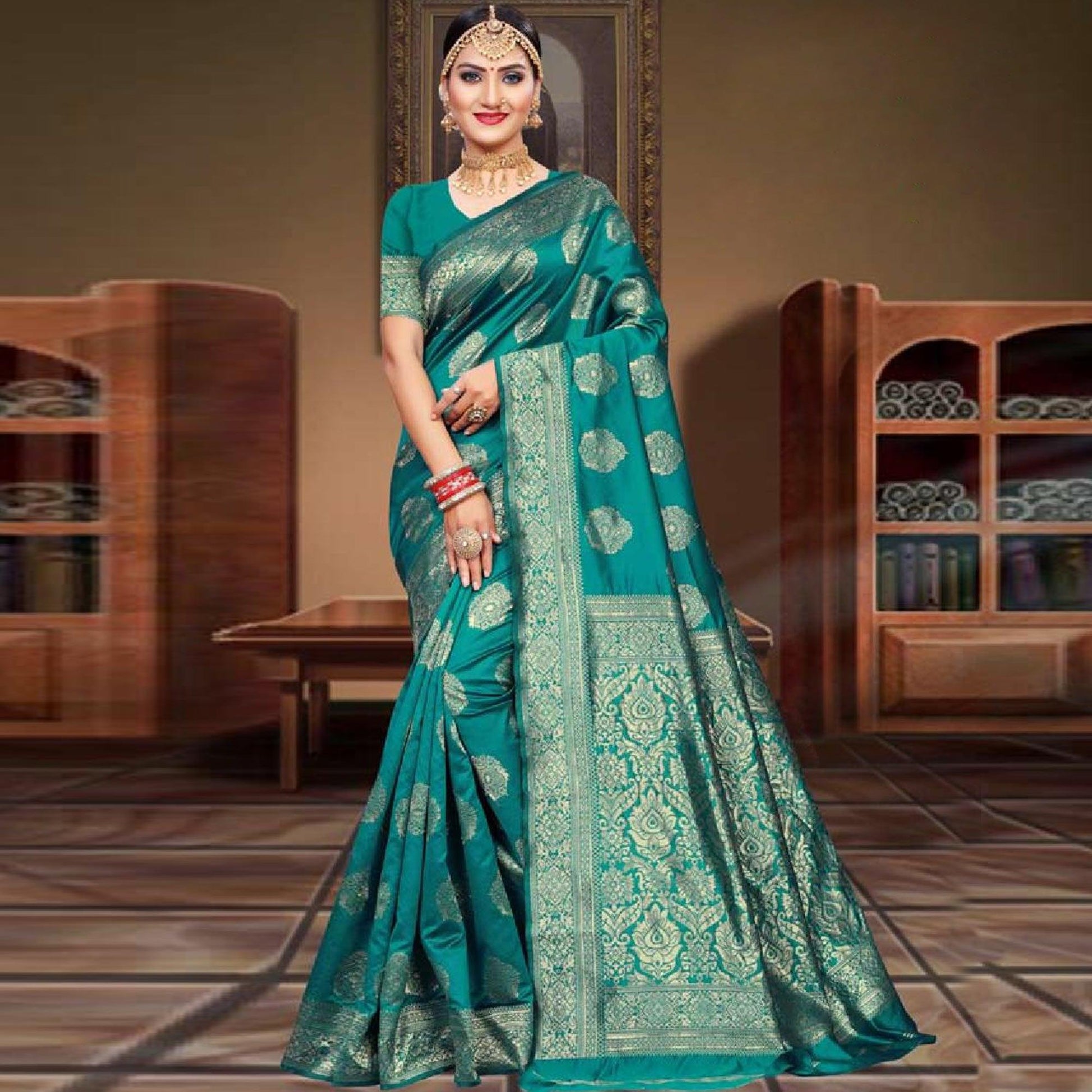 Excellent Turquoise Green Colored Festive Wear Woven Art Silk Saree