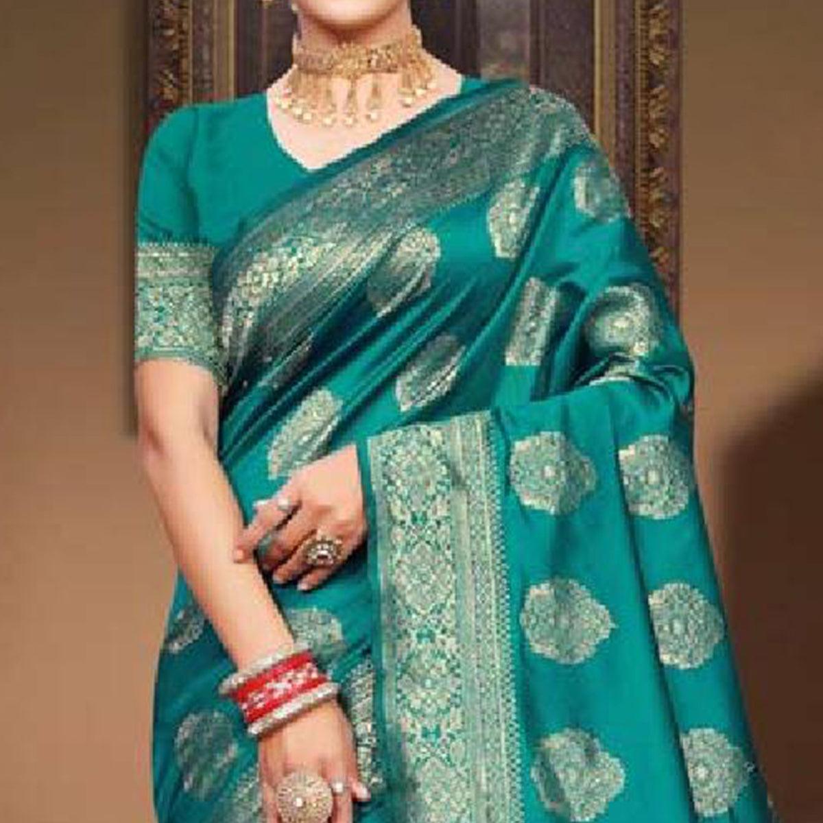 Excellent Turquoise Green Colored Festive Wear Woven Art Silk Saree