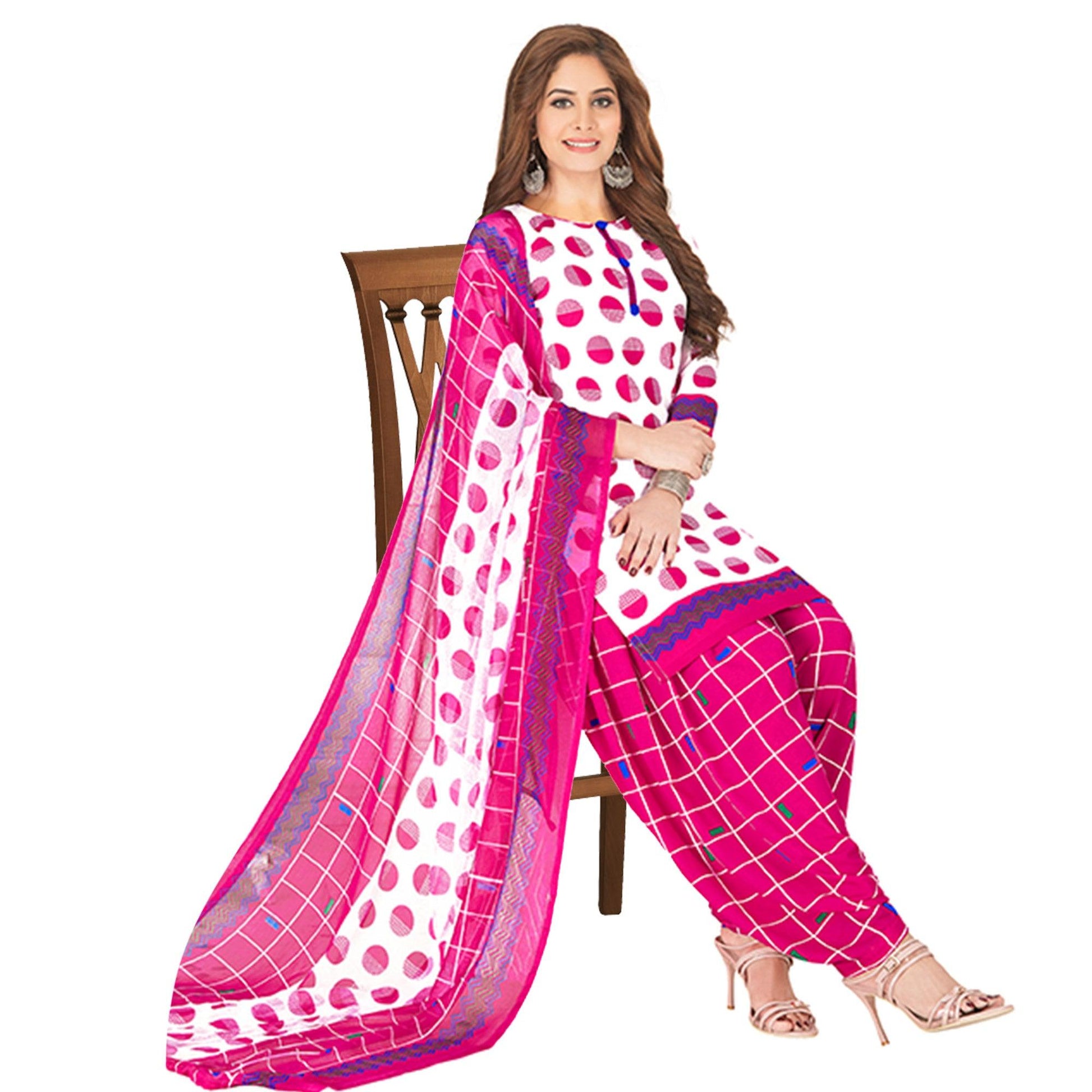 Excellent White - Pink Colored Casual Wear Printed Crepe Patiala Dress Material
