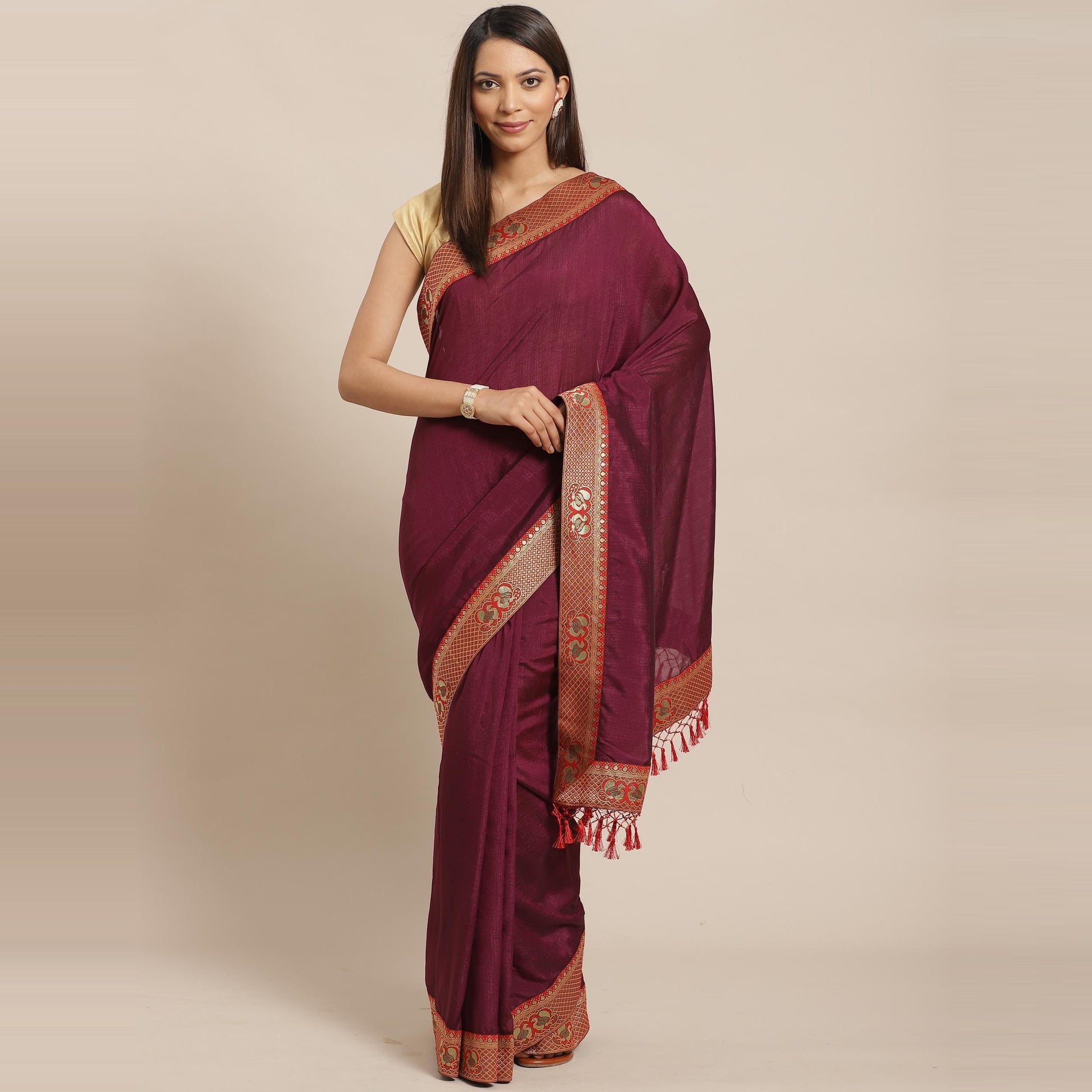 Excellent Wine Colored Festive Woven Silk Blend Saree