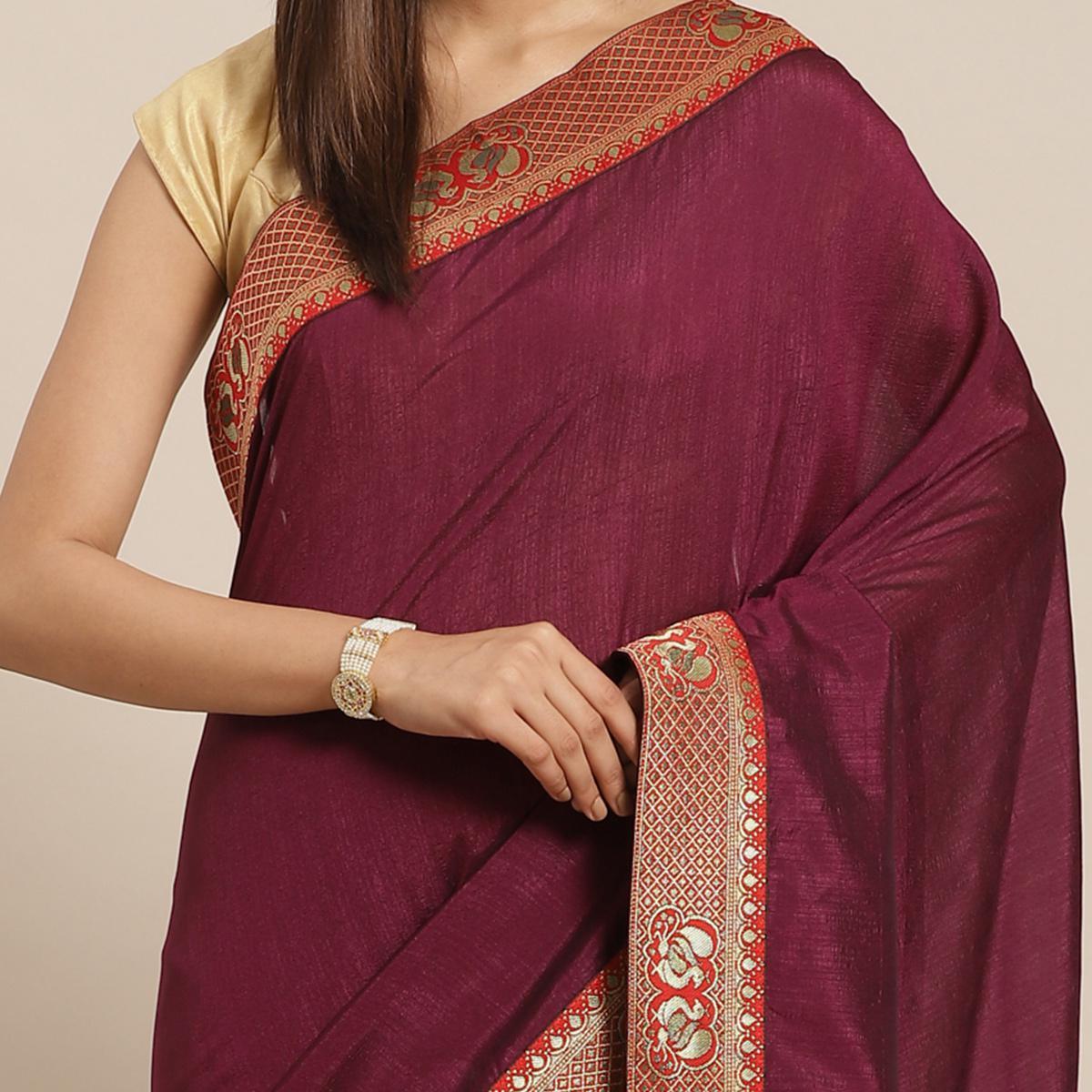 Excellent Wine Colored Festive Woven Silk Blend Saree
