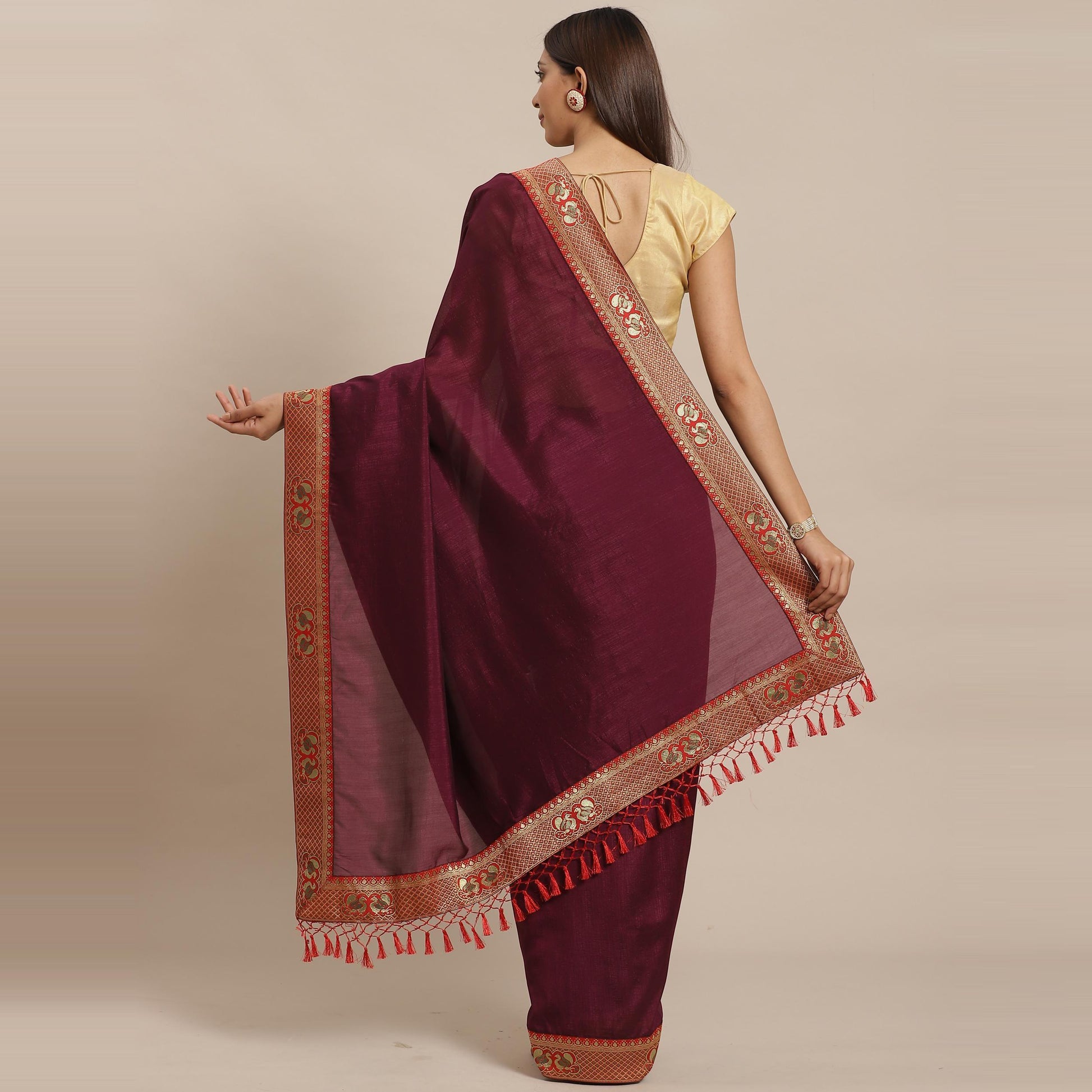 Excellent Wine Colored Festive Woven Silk Blend Saree