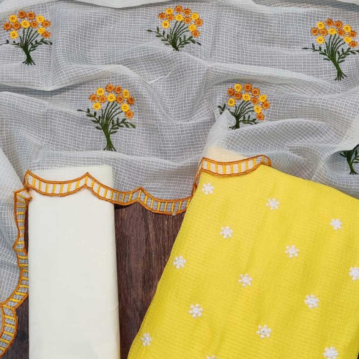Excellent Yellow Colored Casual Wear Embroidered Kota Checks Dress Material