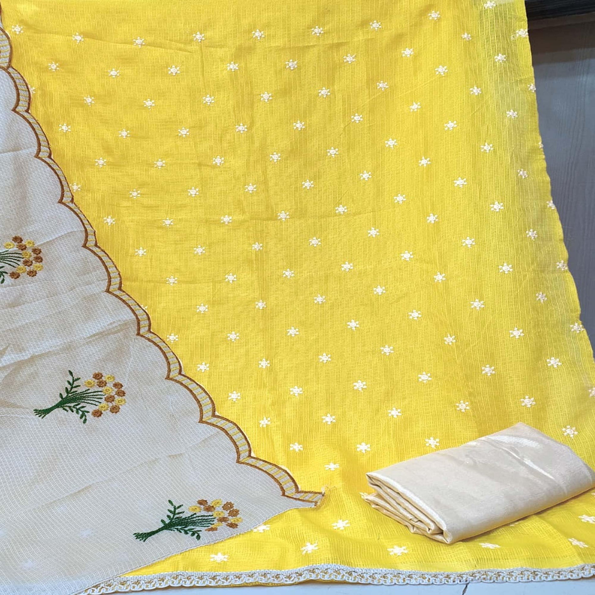 Excellent Yellow Colored Casual Wear Embroidered Kota Checks Dress Material