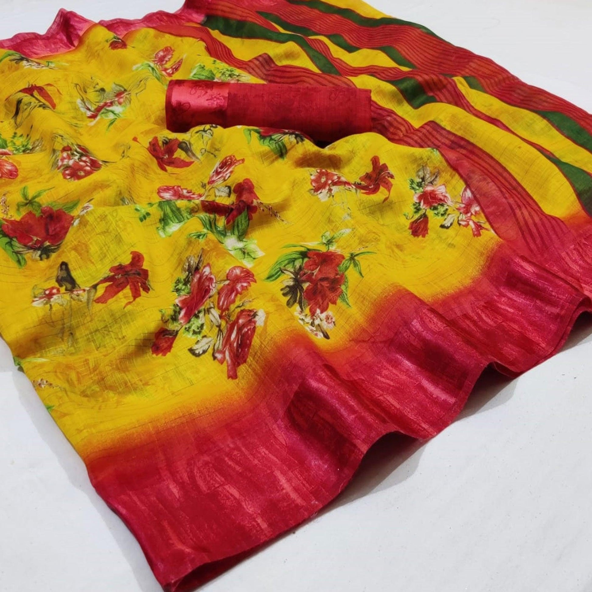 Excellent Yellow Colored Casual Wear Printed Linen Saree