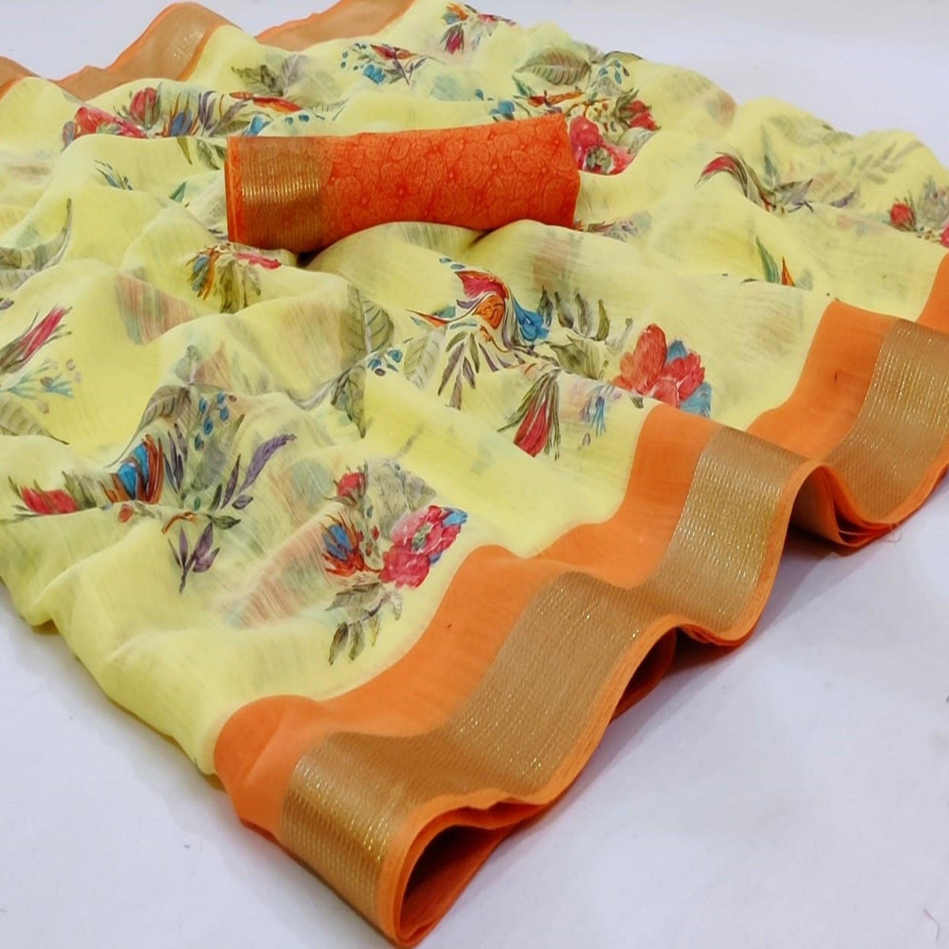 Excellent Yellow Colored Casual Wear Printed Linen Saree